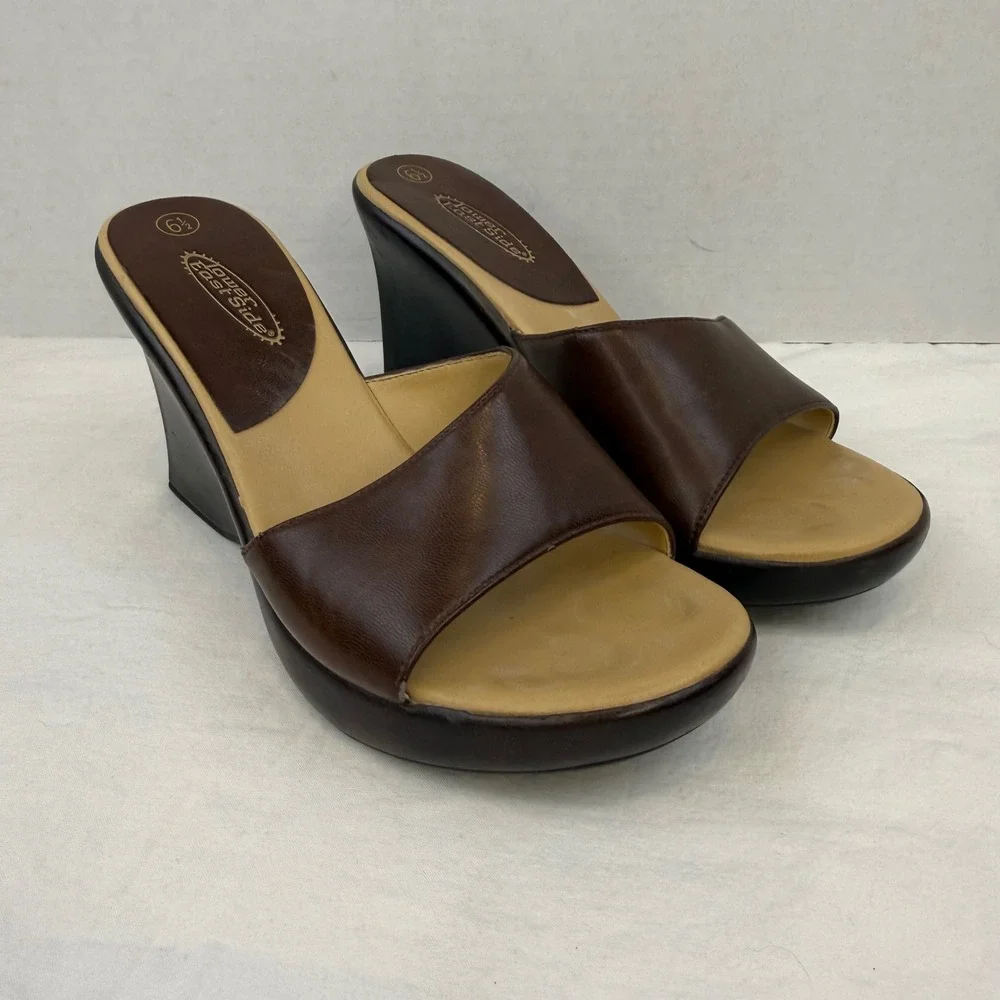 Y2K Lower East Side Brown Wedge Sandals Platform Slide Heels Vintage Womens 6.5